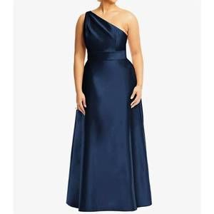 NEW ALFRED SUNG draped one shoulder satin maxi dress with pockets in midnightnav